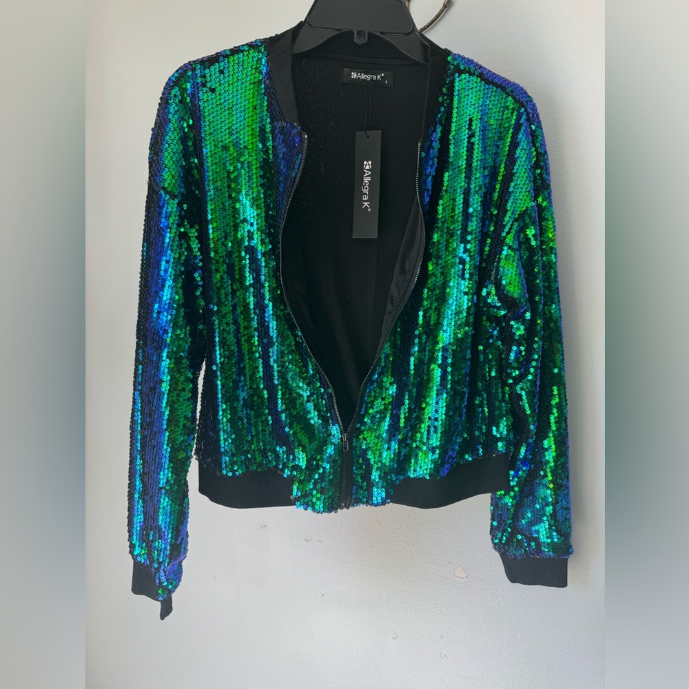 Allegra K Green & Black Sequin Zip Bomber Jacket Size Small Lined